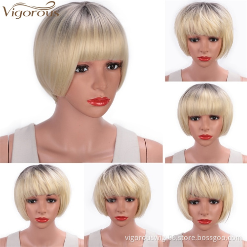 Vigorous Short Bob Hair Wigs 10" Straight with Flat Bangs Synthetic Ombre Blonde Mixed Colors Cosplay Daily Party Wig for Women